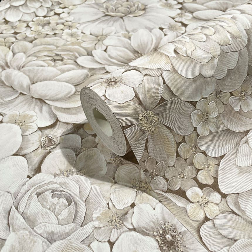 Luxusní šedo-béžová vliesová tapeta s květinami 33951, Botanica, Marburg 