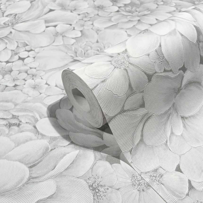 Luxusní šedo-bílá vliesová tapeta s květinami 33952, Botanica, Marburg 