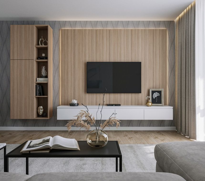 Vizualizace obývacího pokoje s tapetou z kolekce Vavex 2021