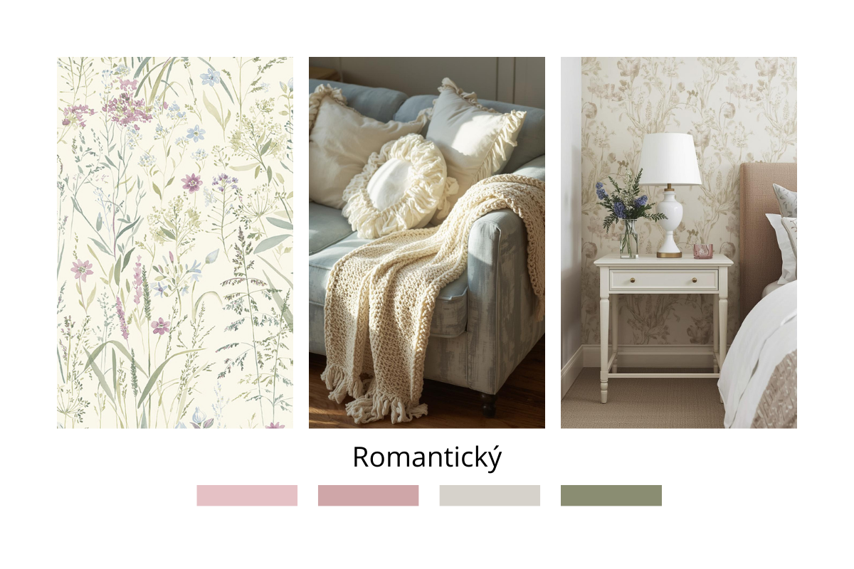 moodboard romantický nábytek a tapeta