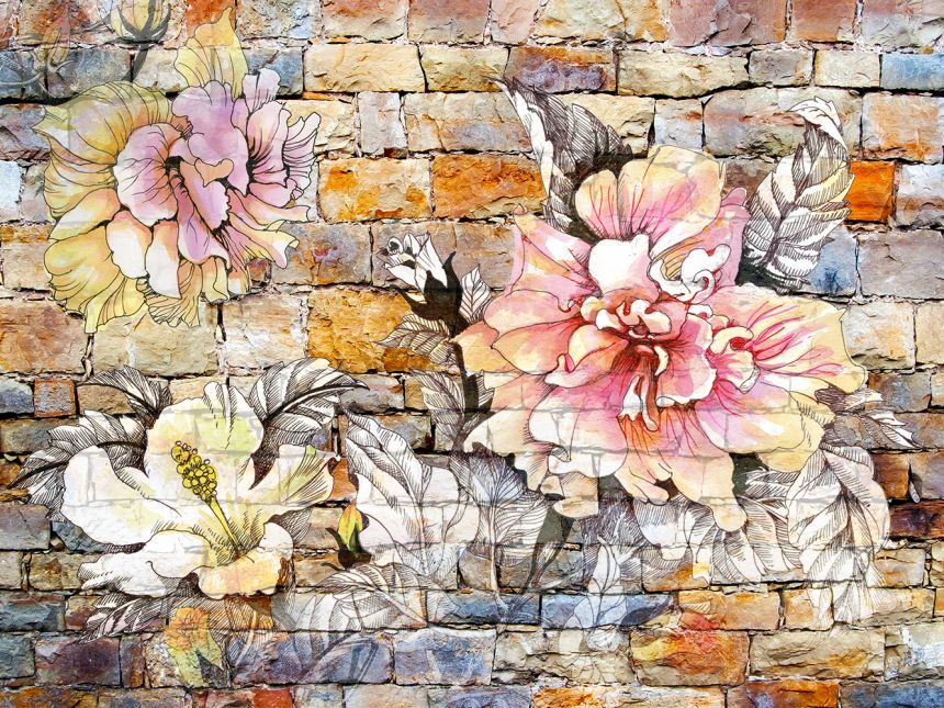 Fototapeta na zeď - FTN XXL 1227, Květiny na kamenné stěně, 360 x 270 cm, AG Design
