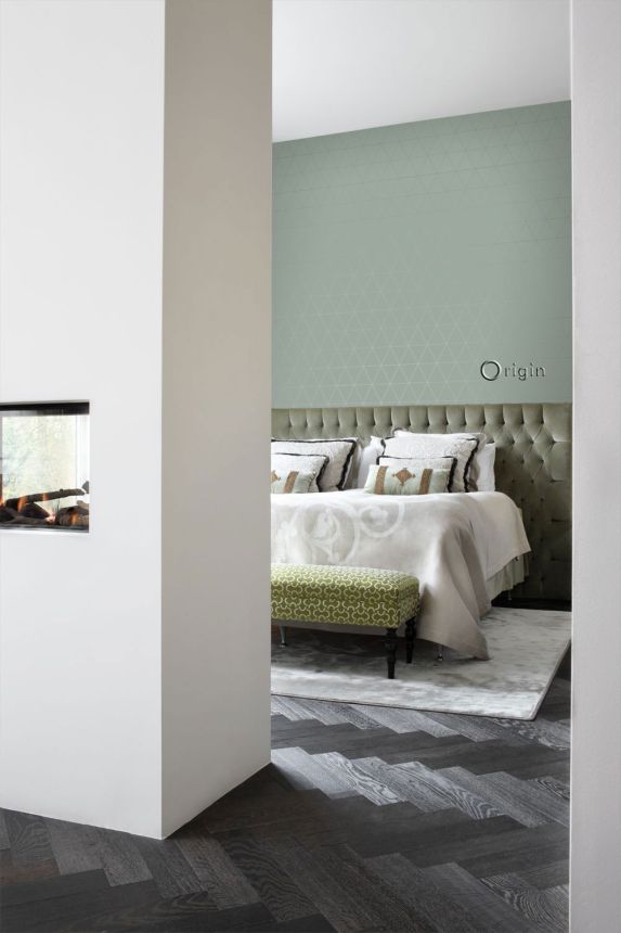 Zelená vliesová tapeta, metalické obrysy trojúhelníků 347714, City Chic, Origin