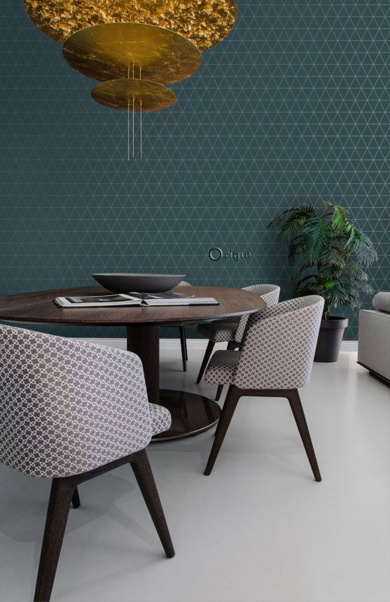 Modrá vliesová tapeta, metalické obrysy trojúhelníků 347715, City Chic, Origin 