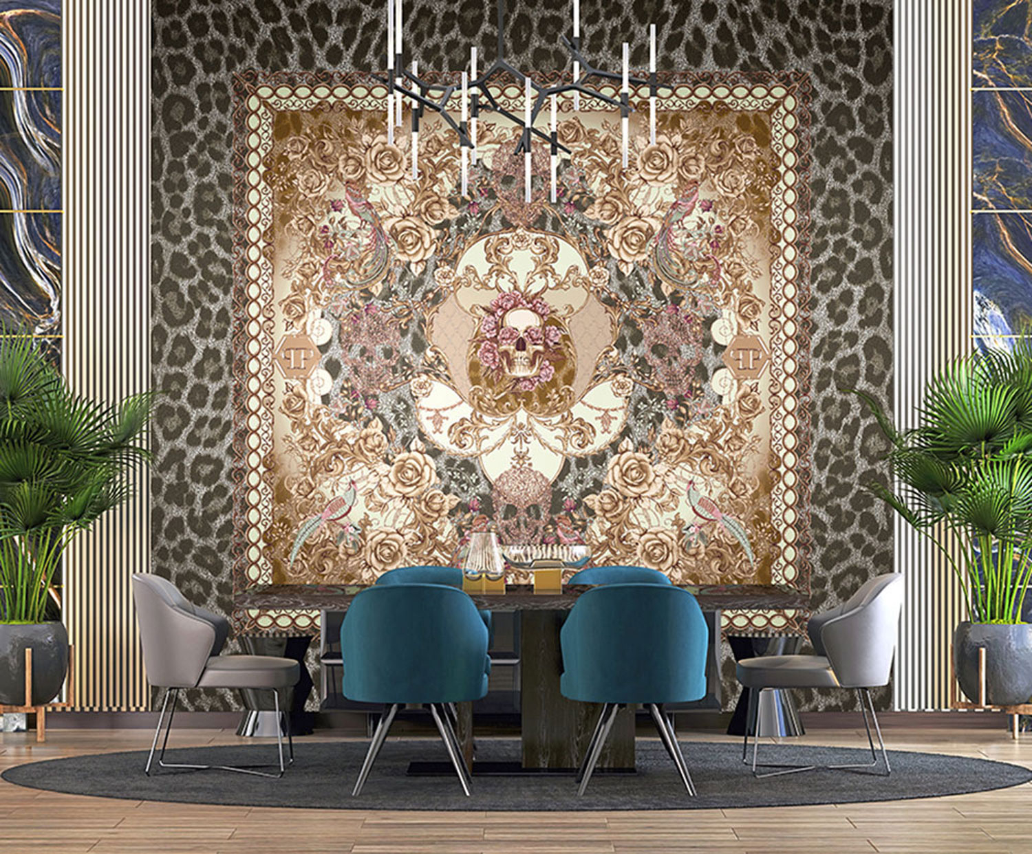 Květinová obrazová vliesová tapeta s lebkami  Z80083 Philipp Plein, Zambaiti Parati