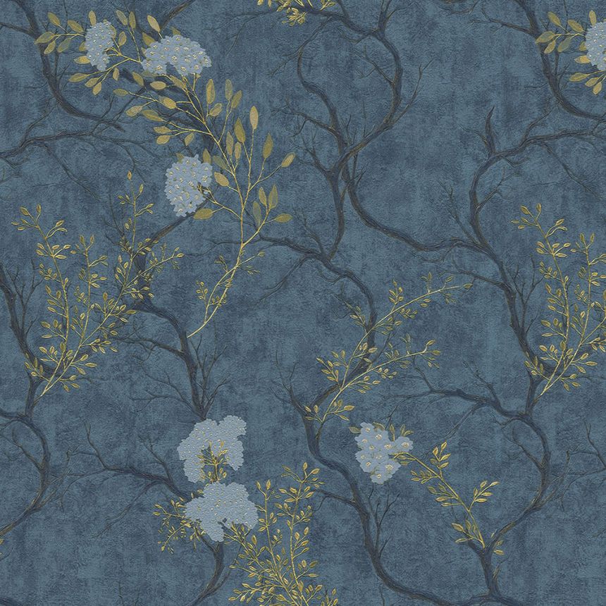 Luxusní modrá vliesová tapeta s větvičkami, květy 72959, Zen, Emiliana Parati 