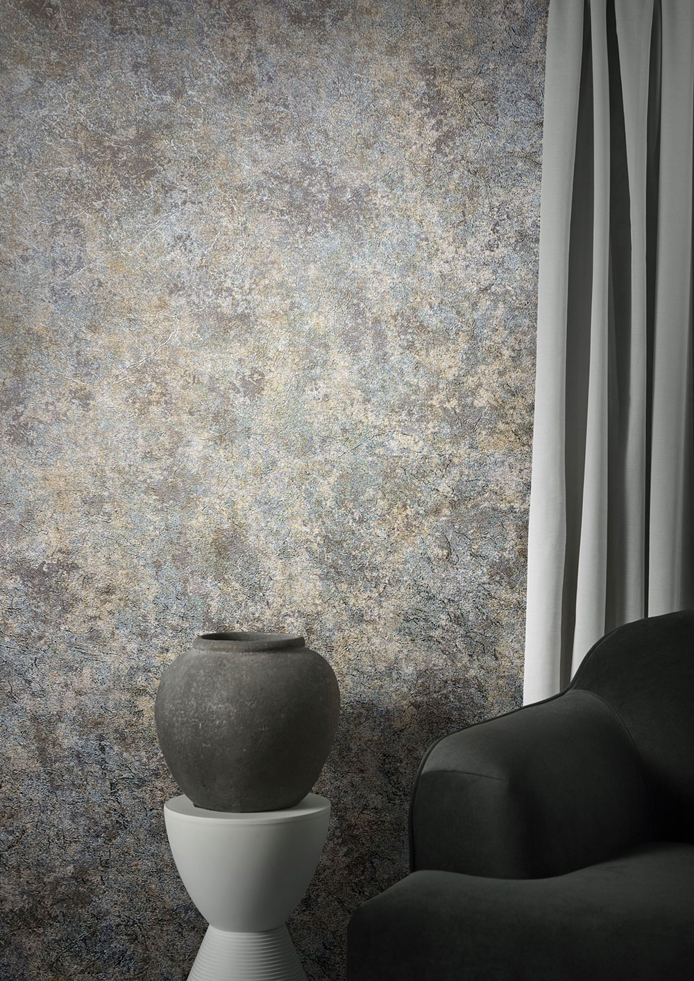 Metalická zeleno-béžová vliesová tapeta, vintage omítka 33205, Natural Opulence, Marburg 