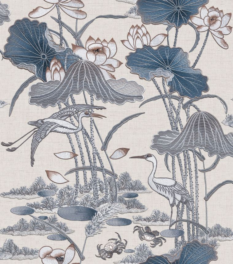 Luxusní šedo-modrá vliesová tapeta s lekníny a ptáky, TP422702, Tapestry, Design ID