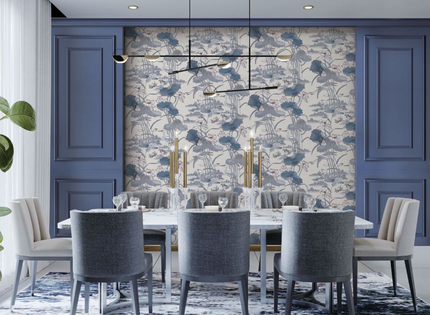 Luxusní šedo-modrá vliesová tapeta s lekníny a ptáky, TP422702, Tapestry, Design ID