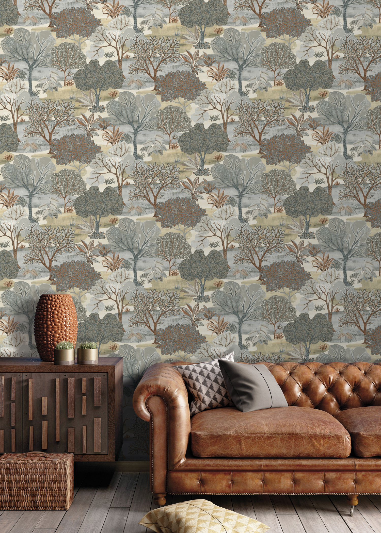 Šedo-hnědá vliesová tapeta na zeď, stromy,  AL26251, Allure, Decoprint