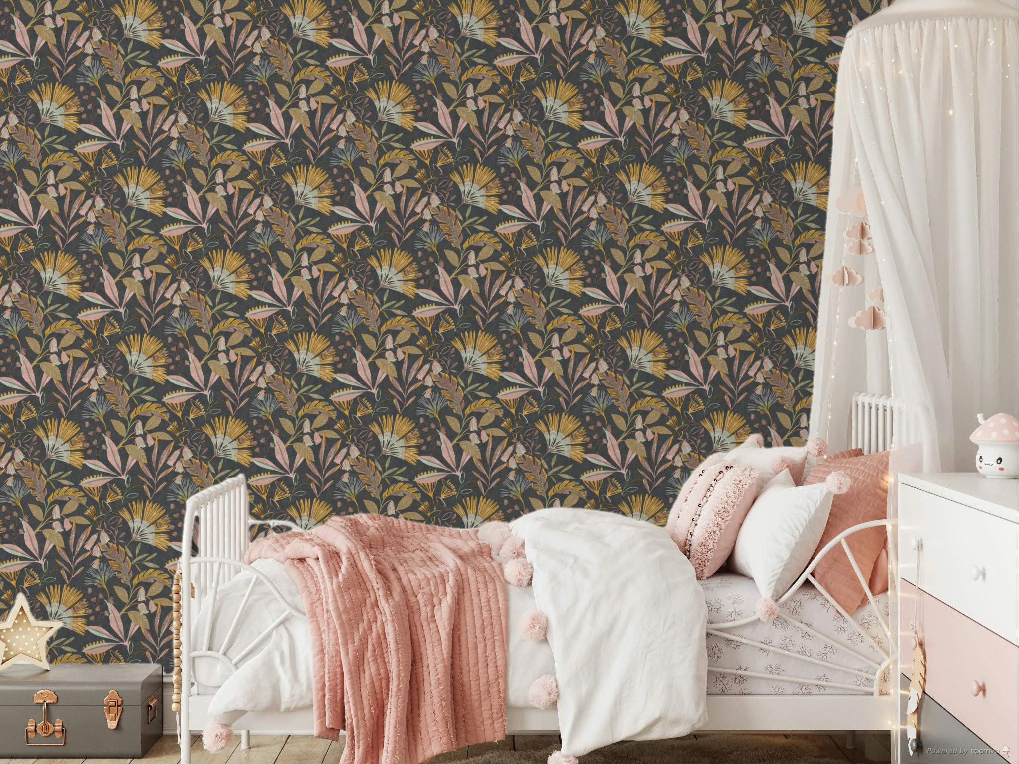 Černá vliesová tapeta na zeď, květiny a listy, A63803, Vavex 2025