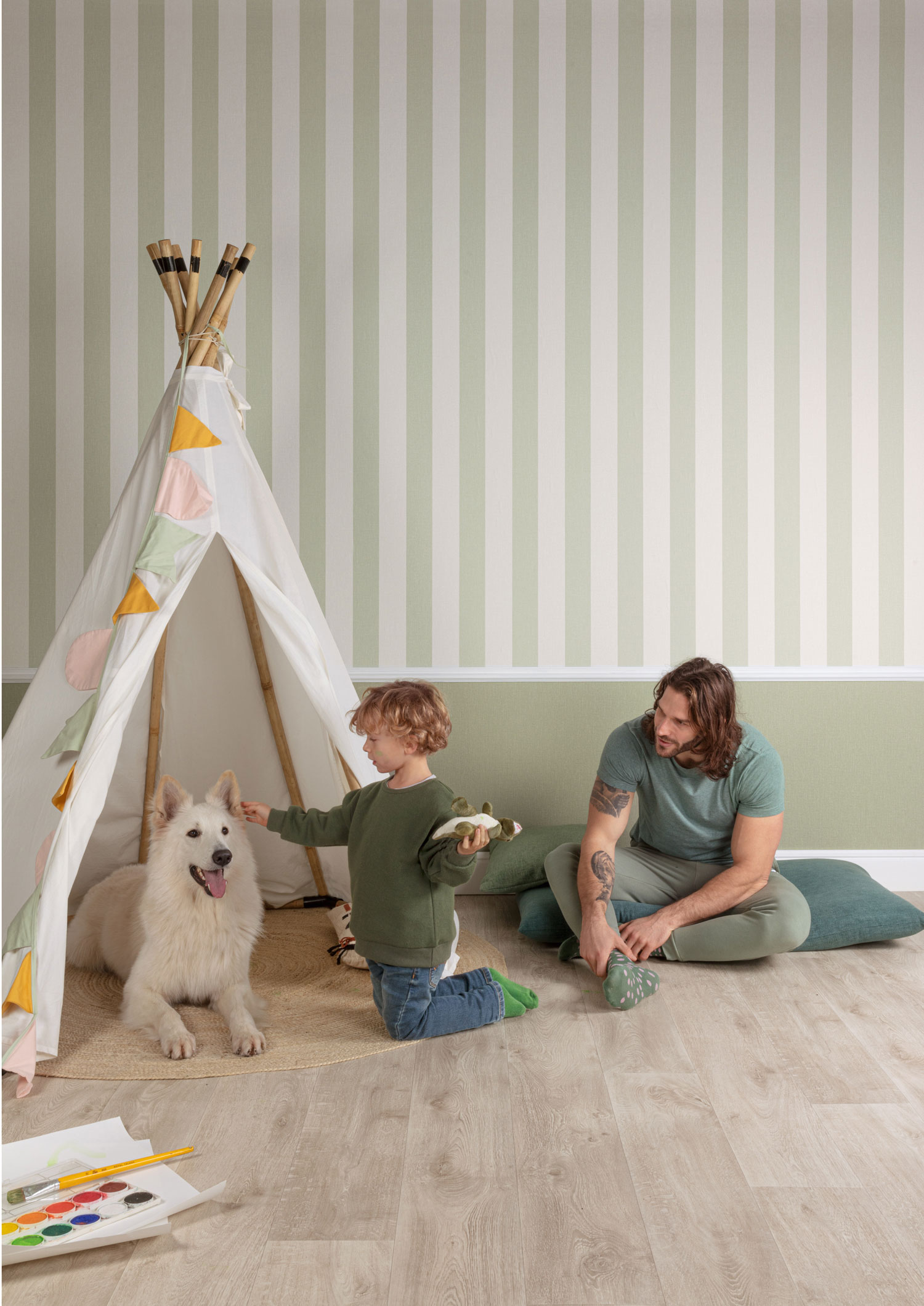 Světle zelená vliesová tapeta na zeď s pruhy, imitace látky,  AT4032, Atmosphere, Grandeco