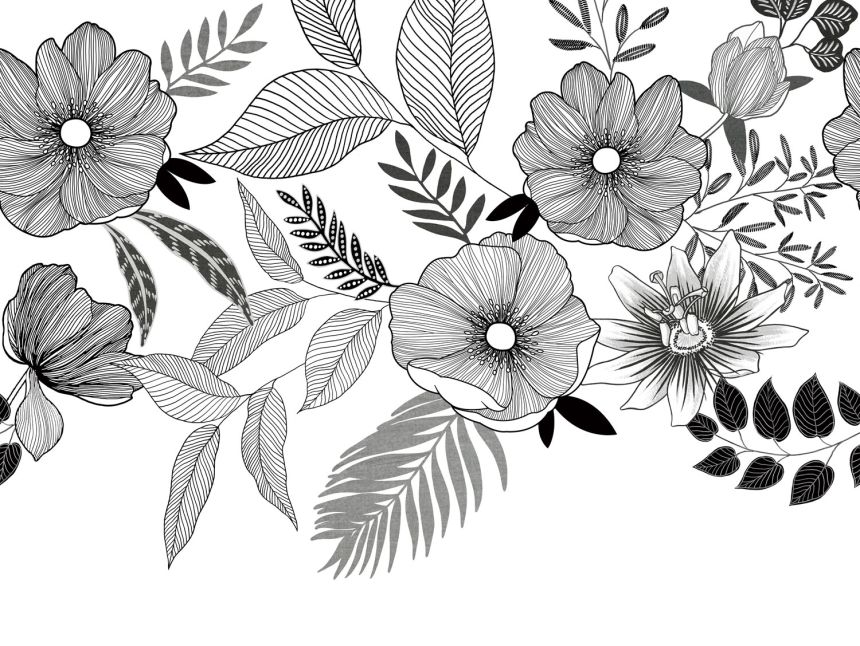 Černobílá vliesová fototapeta s květinami, ML6701, Mural Young Edition, Grandeco