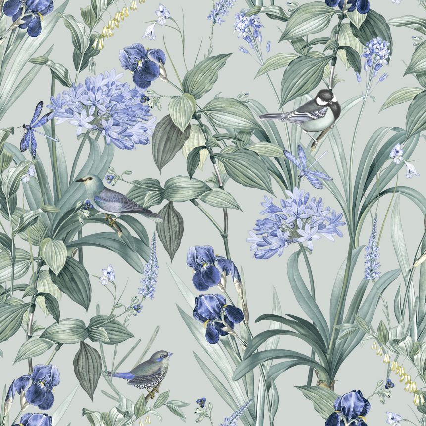 Modrá vliesová tapeta s květinami a ptáčky, M64714, Botanique, Ugepa