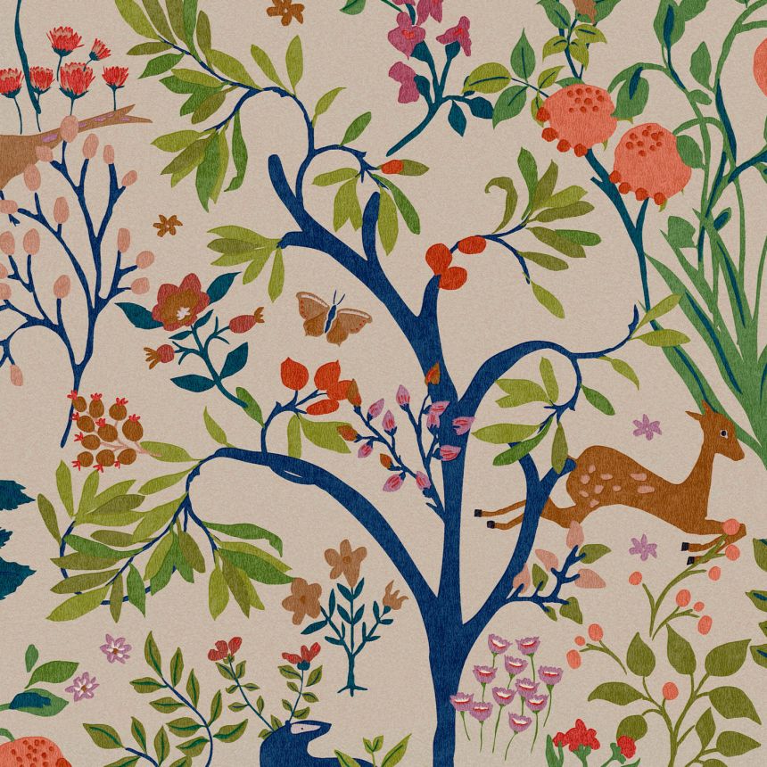 Béžová vliesová tapeta na zeď,  květiny, větvičky, zvířata, ptáci, 120871, Joules, Graham&Brown