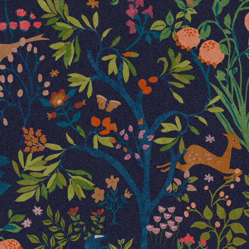 Modrá vliesová tapeta na zeď,  květiny, větvičky, ptáci, zvířata, 120872, Joules, Graham&Brown