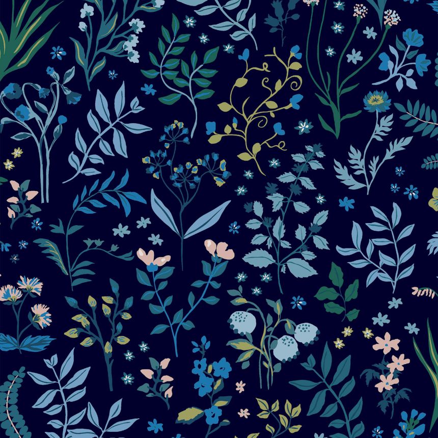 Modrá vliesová tapeta na zeď,  květiny, listy, 120874, Joules, Graham&Brown