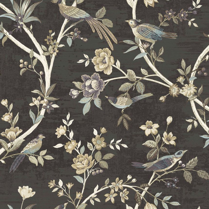 Černá vliesová tapeta s květinami a ptáčky, 28847, Thema, Cristiana Masi by Parato 