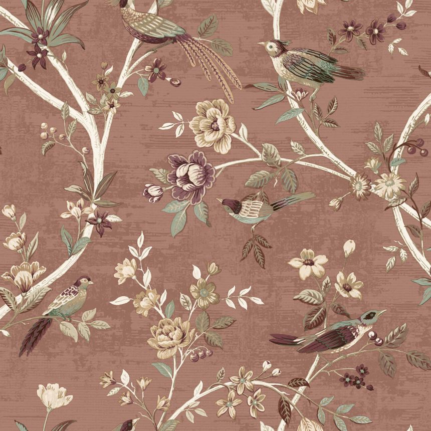 Starorůžová vliesová tapeta s květinami a ptáčky, 28848, Thema, Cristiana Masi by Parato 