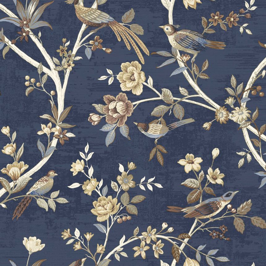 Modrá vliesová tapeta s květinami a ptáčky, 28849, Thema, Cristiana Masi by Parato 