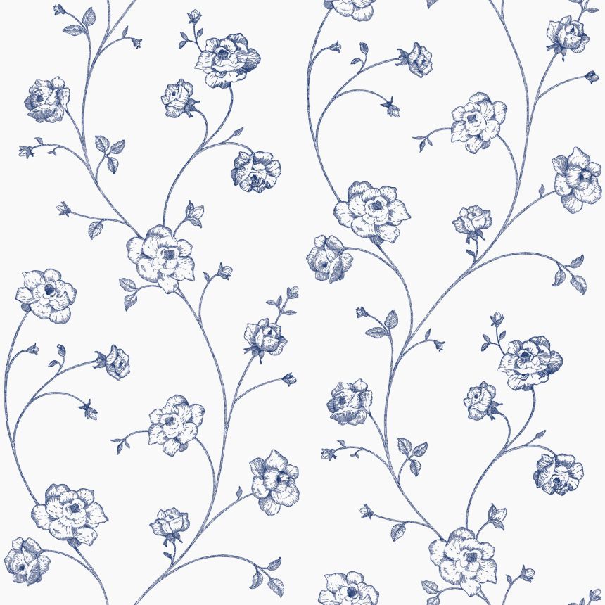 Bílo-modrá vliesová květinová tapeta na zeď, 139300, Vintage Flowers, Esta Home