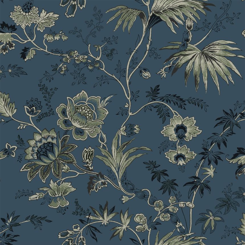 Modro-zelená vliesová květinová tapeta na zeď, 139315, Vintage Flowers, Esta Home