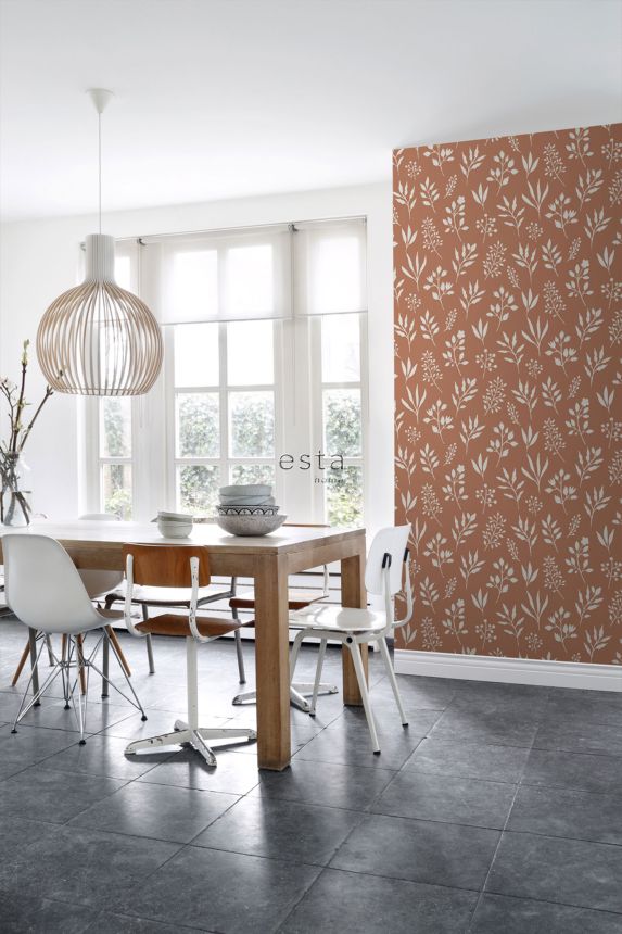 Hnědá vliesová tapeta s listy, větvičky, 139319, Vintage Flowers, Esta Home