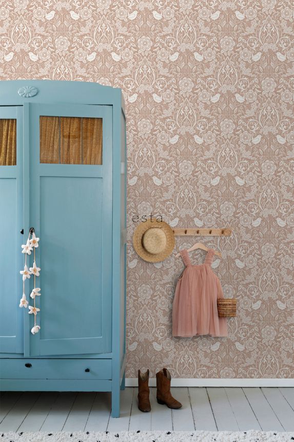 Hnědá vliesová tapeta s rostlinami a ptáčky, 139324, Vintage Flowers, Esta Home