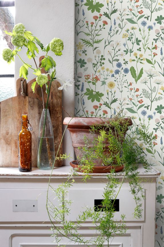 Bílá vliesová tapeta na zeď, luční květiny, 139390, Vintage Flowers, Esta Home