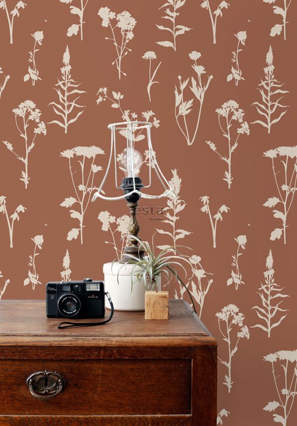 Terakota/ hnědá vliesová tapeta na zeď, květiny, listy, 139396, Vintage Flowers, Esta Home