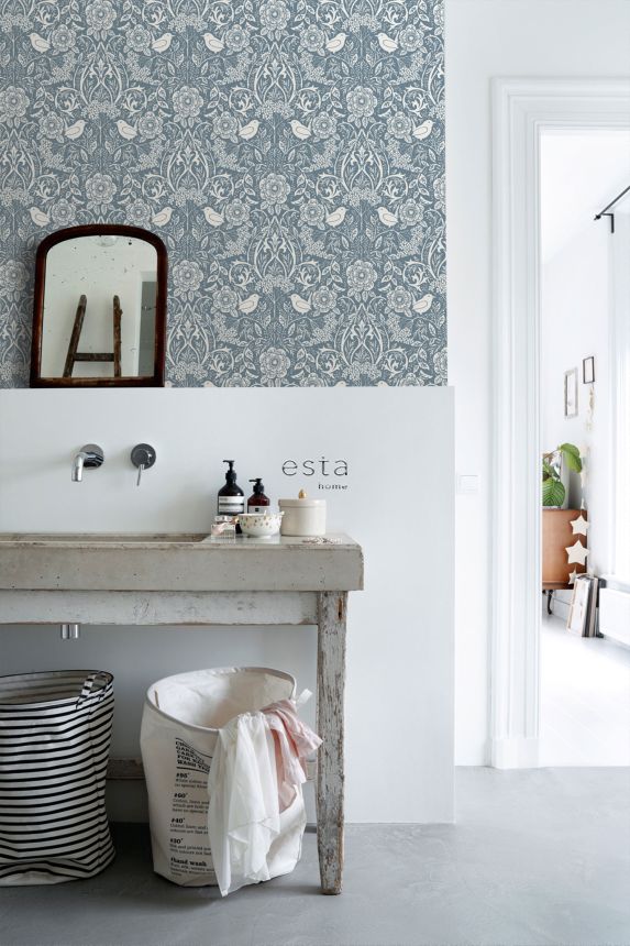Modrá vliesová tapeta s rostlinami a ptáčky, 139477, Vintage Flowers, Esta Home