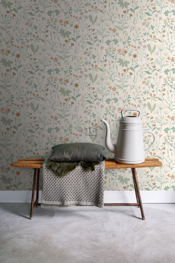 Krémová vliesová tapeta na zeď, luční květiny, 139481, Vintage Flowers, Esta Home