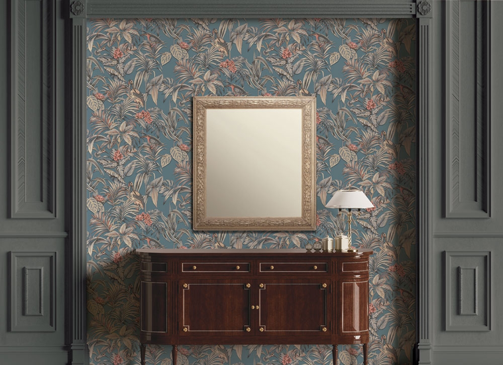 Luxusní vliesová tapeta na zeď, modrá, ptáci, listy, květiny, DE120016, Best Sellers, Design ID