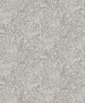 Šedo-stříbrná vliesová tapeta s květinami a listy, SUM501, Summer, Khroma by Masureel