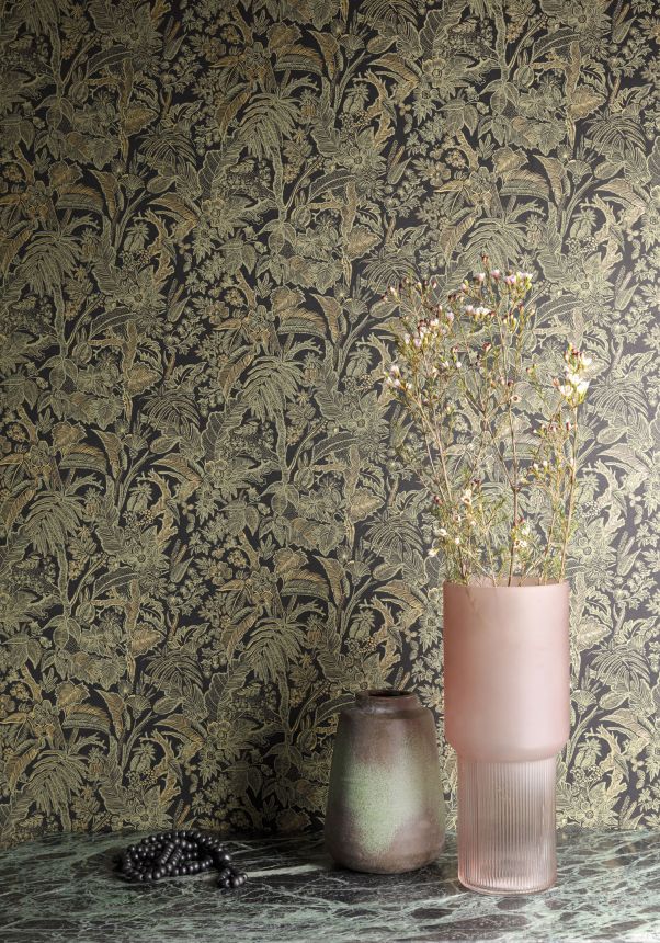 Černo-zeleno-zlatá vliesová tapeta s květinami a listy, SUM505, Summer, Khroma by Masureel