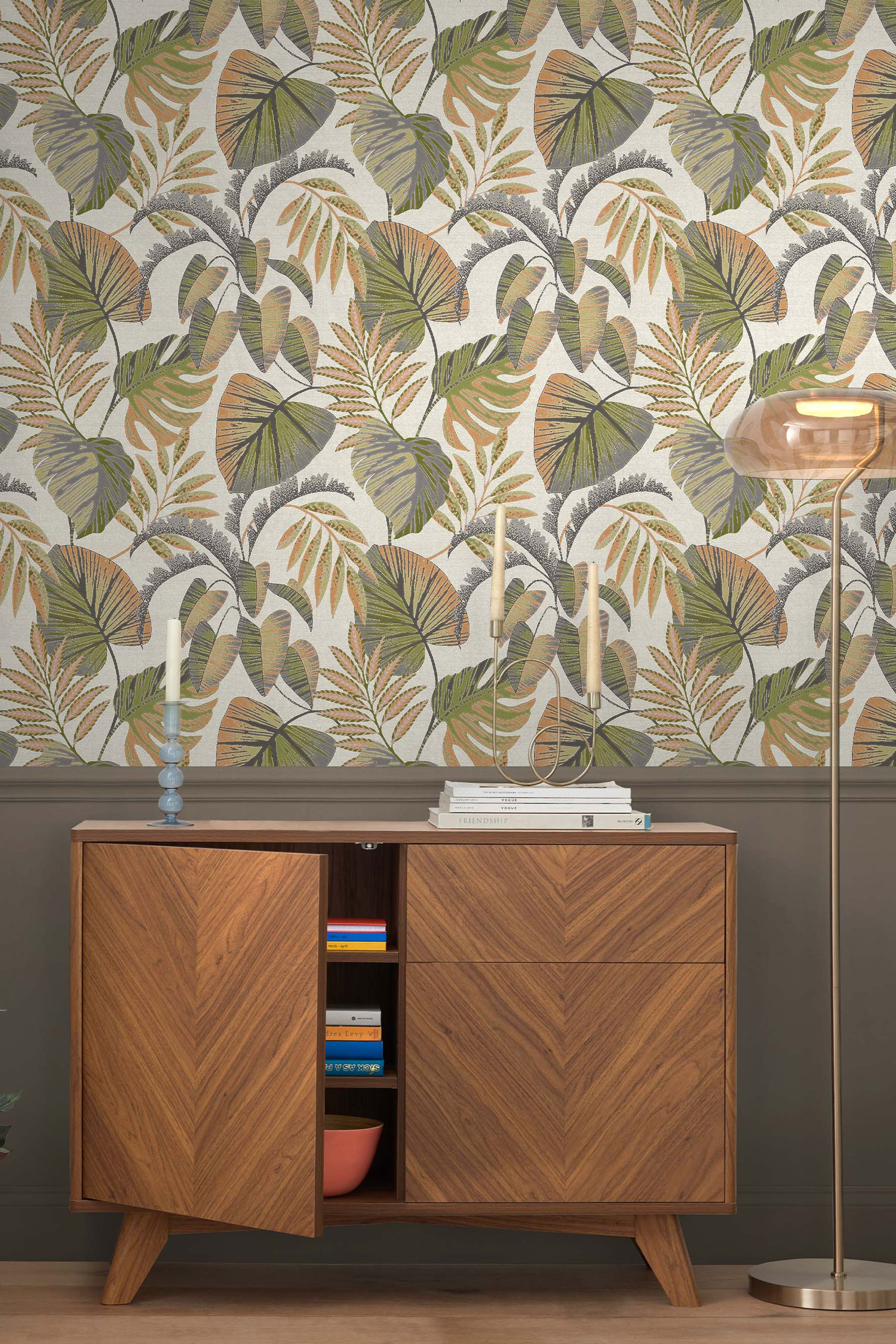 Zeleno-oranžová vliesová tapeta s tropickými listy, 118296, Next