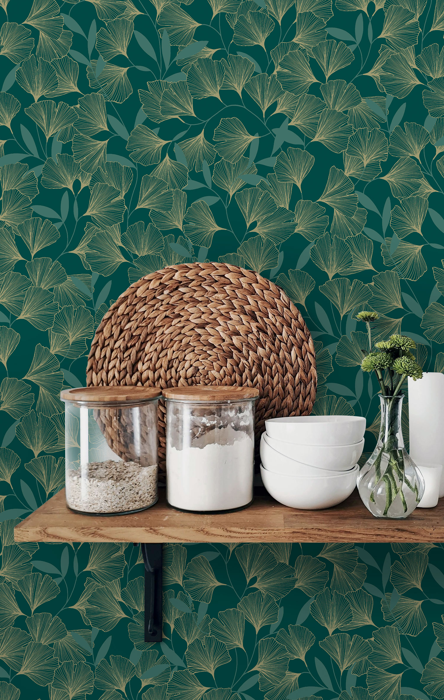 Zeleno-zlatá vliesová tapeta na zeď, listy ginkga,  A64403, Vavex 2025