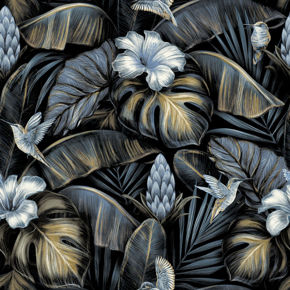 Vliesová tapeta na zeď, modrá, květiny, listy,  kolibříci, NHW1003, Perla, Decoprint