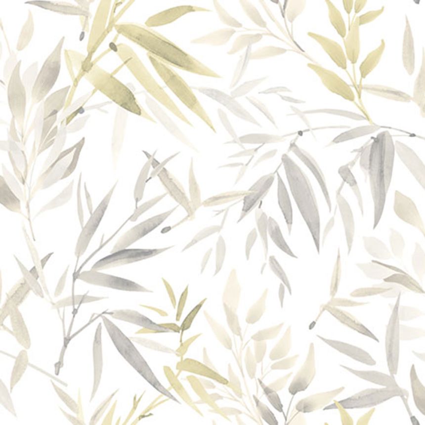 Bílá vliesová tapeta s listy bambusu, RE25190, Reflect, Decoprint