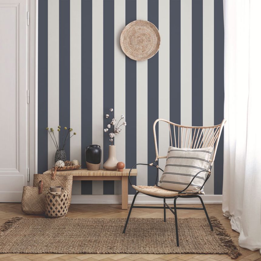 Vliesová tapeta na zeď, modro-bílá, pruhy,  9814-1, Essential Stripes, ICH Wallcoverings