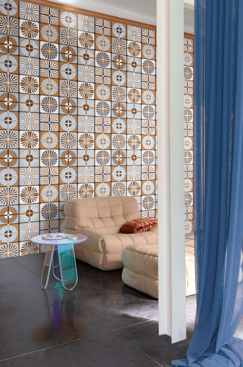 Vliesová tapeta na zeď, modro-hnědá, retro, ROC402, Rock, Masureel