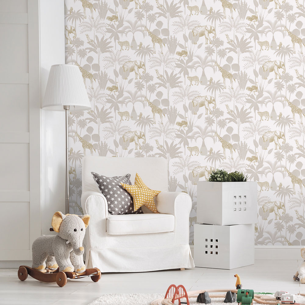 Dětská vliesová tapeta s palmami a zvířátky, 976-1, Mika,  ICH Wallcoverings
