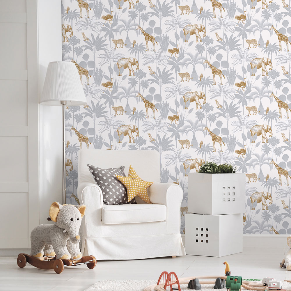 Dětská vliesová tapeta s palmami a zvířátky, 976-2, Mika,  ICH Wallcoverings