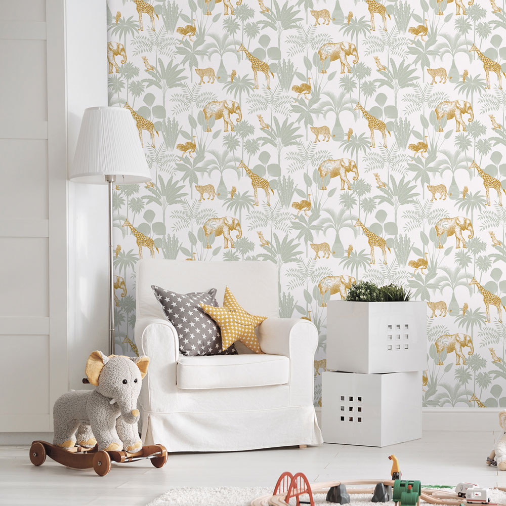 Dětská vliesová tapeta s palmami a zvířátky, 976-4, Mika,  ICH Wallcoverings