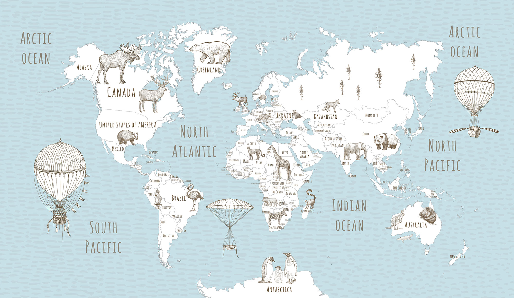 Fototapety na míru, Mapa Světa se zvířátky, 10009, Vavex