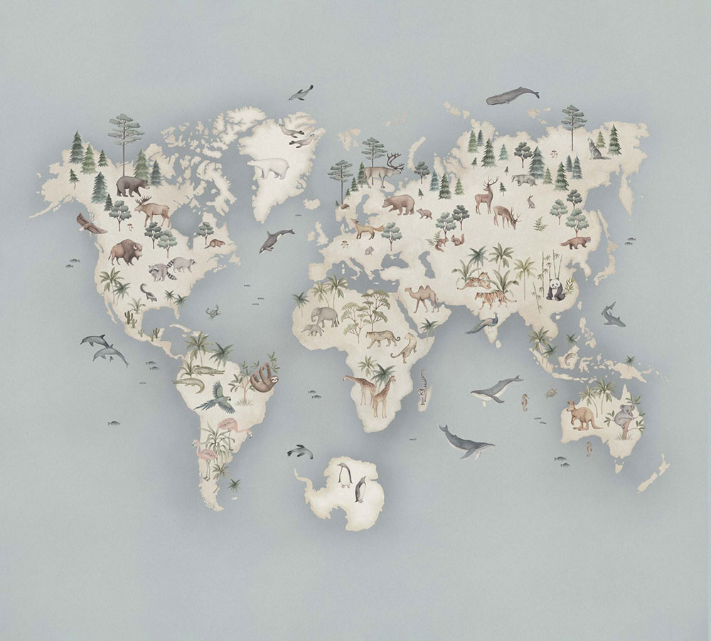 Vliesová fototapeta na zeď, mapa světa se zvířátky, 6946, Newbie Wallpaper, Borastapeter