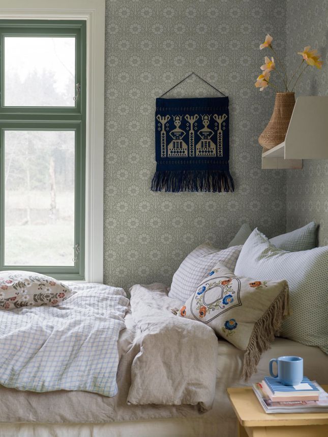 Vliesová tapeta na zeď, zeleno-bílá, květiny, 5811, Nordic Folk, Borastapeter