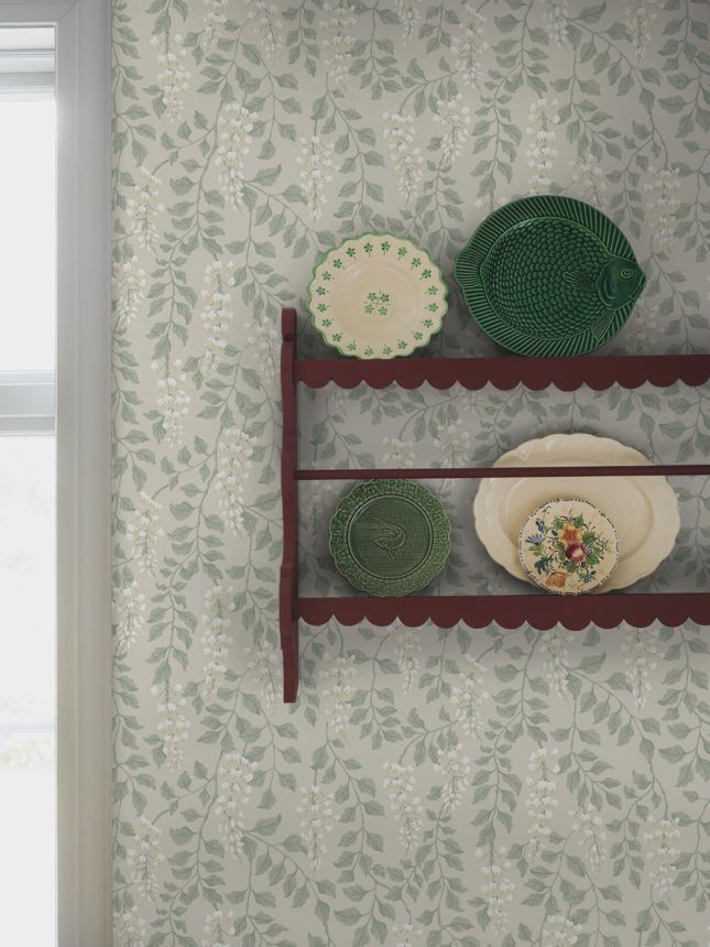 Vliesová tapeta na zeď, šedo-béžová, květy Vistárie, 5708, Orangeri,  Borastapeter