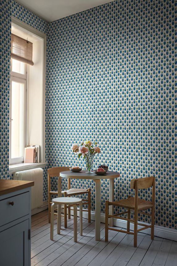 Vliesová tapeta na zeď, modrá, švestky, 1974, Scandinavian Designers, Scandinavian Designers III, Borastapeter