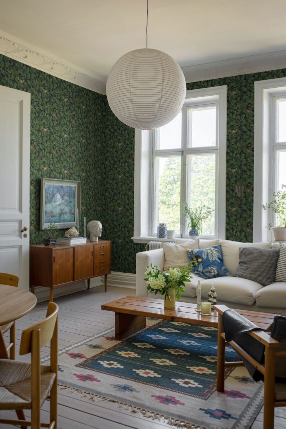 Vliesová tapeta na zeď, zeleno-modrá, větvičky, listy, zvířata, 2050, Icons, Borastapeter