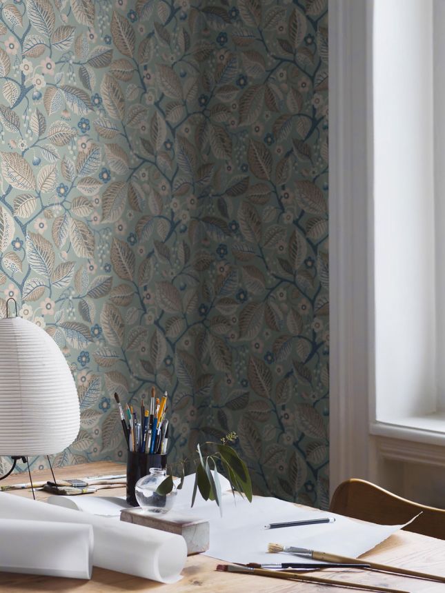 Vliesová tapeta na zeď, šedo-modrá, listy, větvičky, 7785, Adorn, Borastapeter